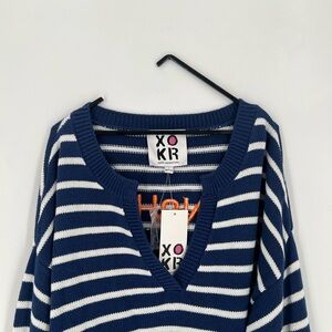 Kerri Rosenthal Knit Striped V Neck Embroidered Font Graphic Sweater Pullover